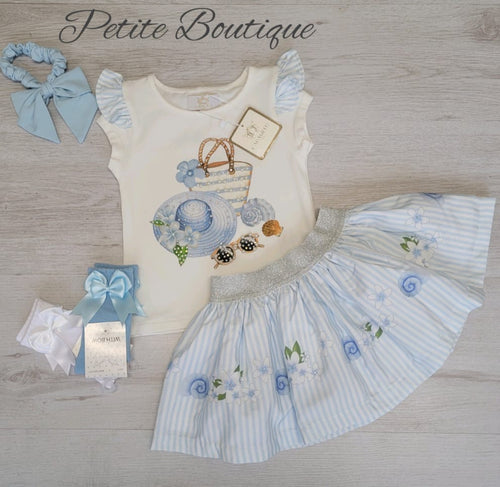 Caramelo blue summer top & skirt set with matching bow hair bobble