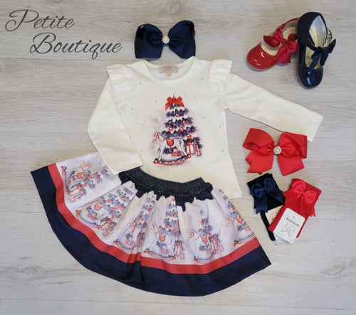 Christmas/rocking horse navy/red top & skirt set