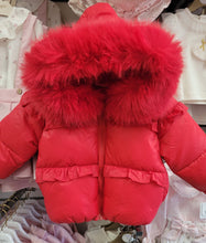 Load image into Gallery viewer, Girls red padded coat with faux fur trim hood