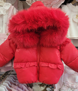 Girls red padded coat with faux fur trim hood