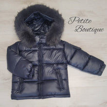 Load image into Gallery viewer, Navy blue padded winter coat with faux fur trim hood