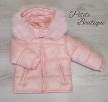 Load image into Gallery viewer, Baby pink padded winter coat with faux fur trim hood