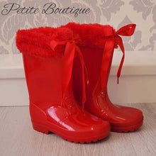 Load image into Gallery viewer, Red faux fur trim ribbon wellies