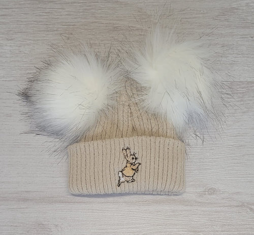 Beige peter rabbit double pompom hat