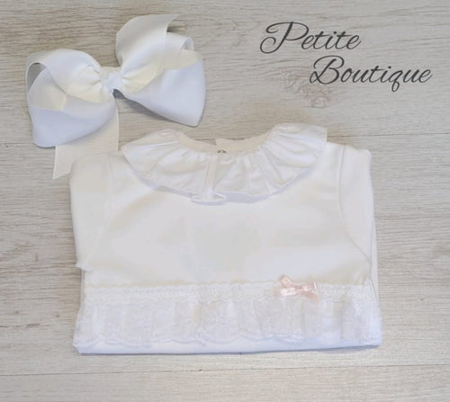 Spanish white/pale pink bow cotton babygrow