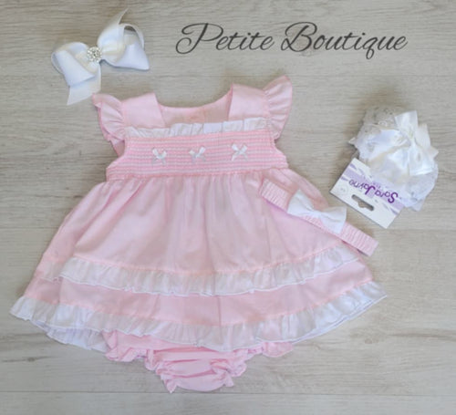 Pink/white smock dress, pants & headband set