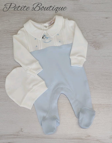 Ivory/blue rocking horse babygrow & hat