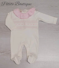 Load image into Gallery viewer, Ivory/pink smocked cotton babygrow