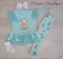 Load image into Gallery viewer, Mint green teddy bear top, leggng &amp; headband set