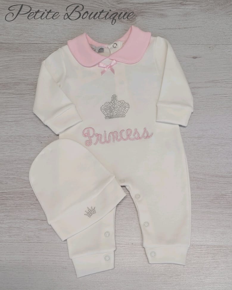Princess ivory/pink all in one & hat set