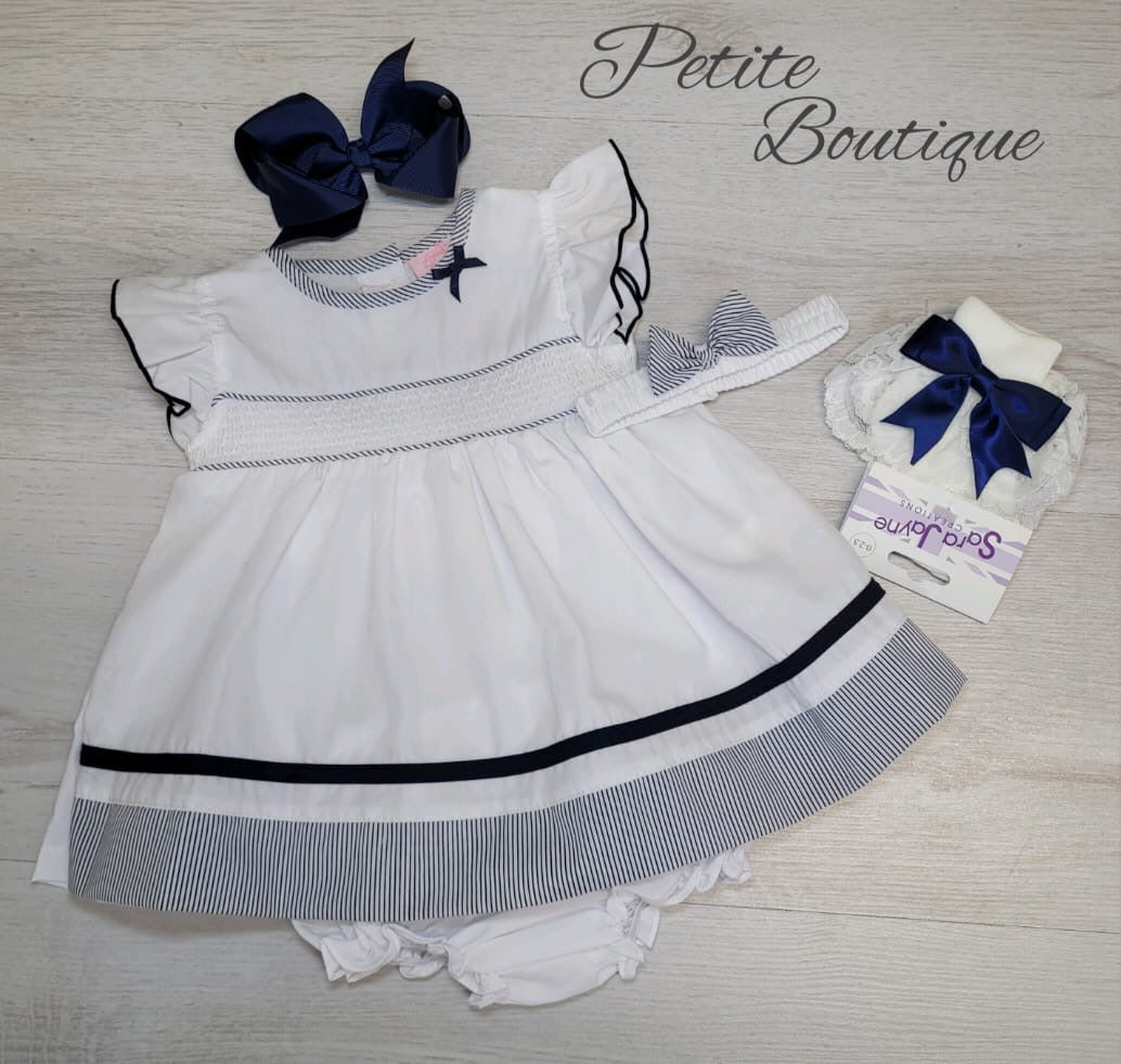 White/navy dress with matching pants & headband