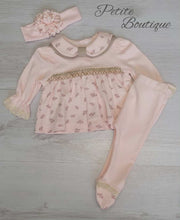 Load image into Gallery viewer, Pink/beige 3pc set top, bottoms &amp; headband