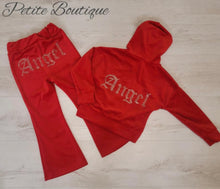Load image into Gallery viewer, Red angel velour tracksuit top &amp; flare bottom set
