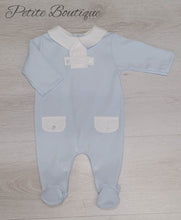 Load image into Gallery viewer, Spanish white/blue cotton babygrow