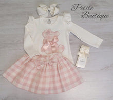 Load image into Gallery viewer, Pink ribbon teddy bear top &amp; check skirt set