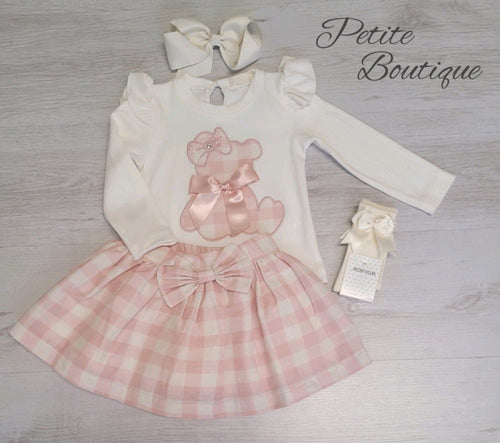 Pink ribbon teddy bear top & check skirt set
