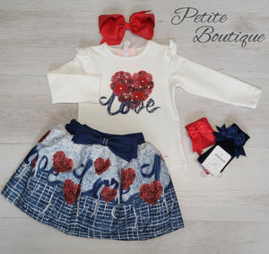 White/navy love top & skirt set