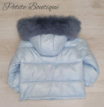 Load image into Gallery viewer, Light blue padded winter coat with faux fur trim hood