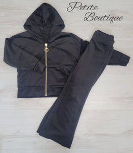 Black angel velour tracksuit top & flare bottom set