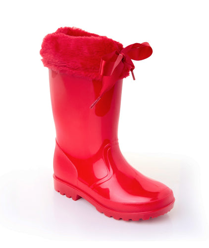 Red faux fur trim ribbon wellies