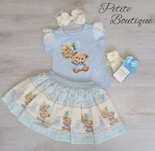 Load image into Gallery viewer, Blue/cream teddy bear top &amp; skirt set