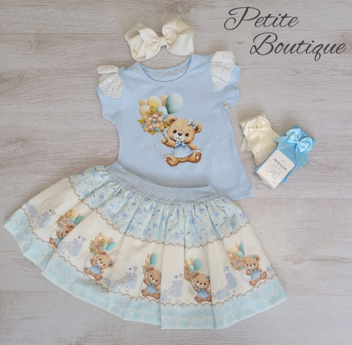 Blue/cream teddy bear top & skirt set