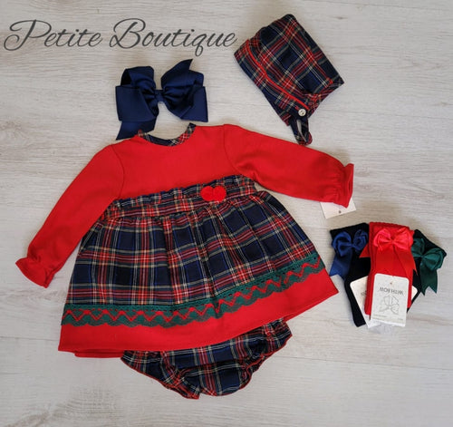 Spanish navy/red check dress, pants & bonnet set
