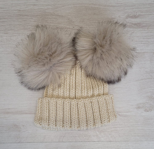 Beige double faux fur pompom hat