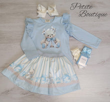 Load image into Gallery viewer, Light blue double bow bear top &amp; skirt set