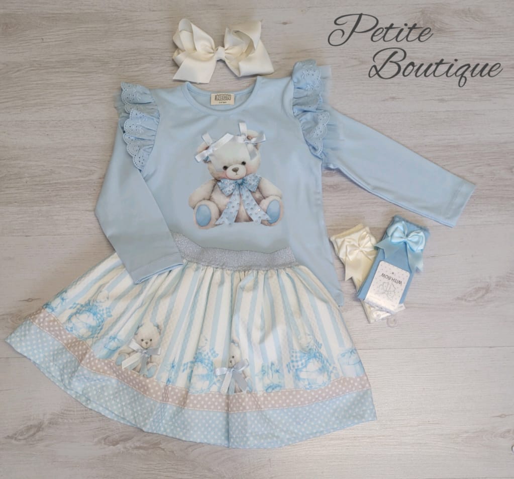 Light blue double bow bear top & skirt set