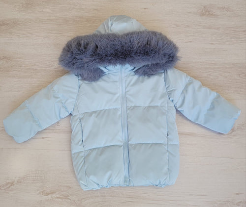 Boys blue puffer coat with faux fur trim