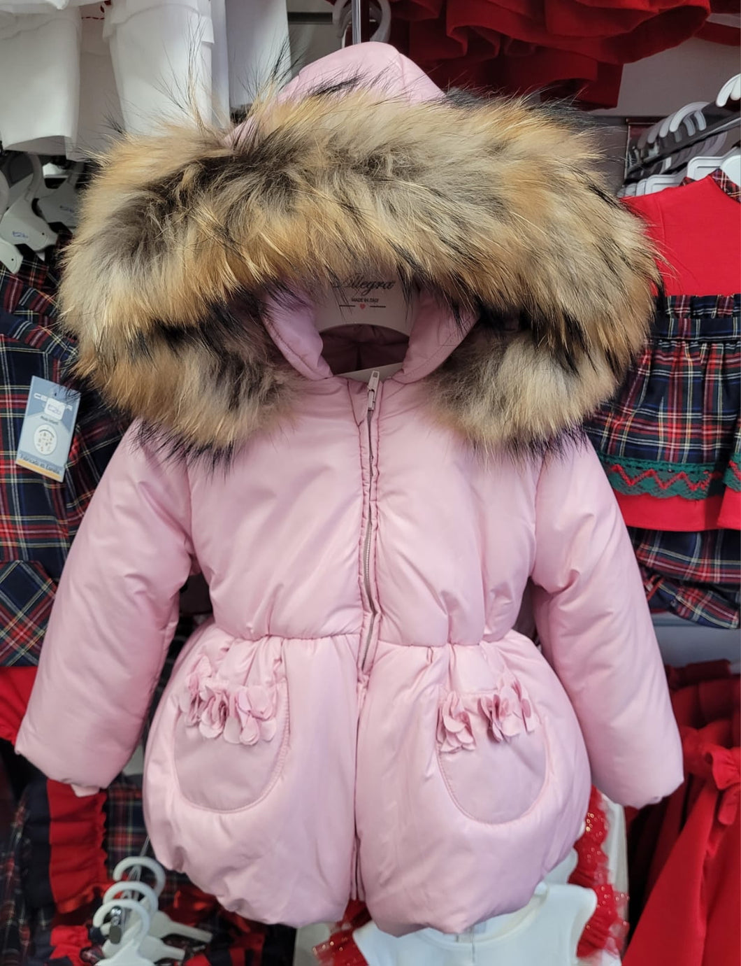 Italian Bufi pink coat with fur trim hood