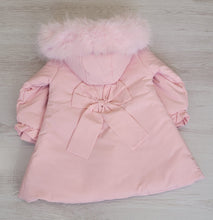 Load image into Gallery viewer, Pink puffer coat with faux fur trim hood