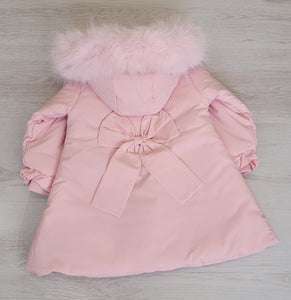 Pink puffer coat with faux fur trim hood