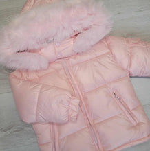 Load image into Gallery viewer, Baby pink padded winter coat with faux fur trim hood