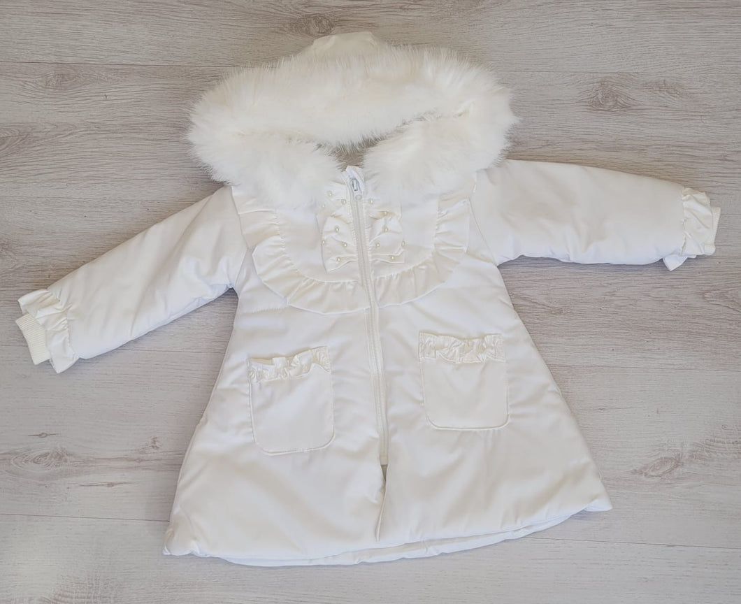 White puffer coat with faux fur trim hood