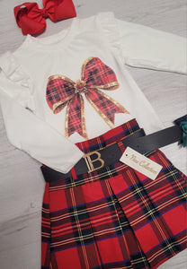 White velvet bow print top & tartan skirt set