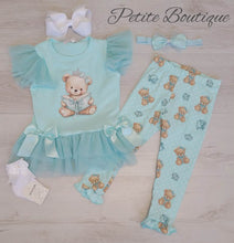 Load image into Gallery viewer, Mint green teddy bear top, leggng &amp; headband set