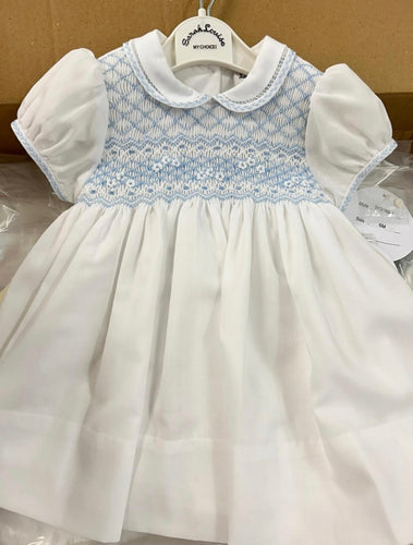 Sarah Louise white/blue smock dress