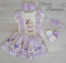 Load image into Gallery viewer, Lilac bunny top, skirt &amp; headband set