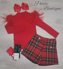 Load image into Gallery viewer, Red long sleeved top &amp; tartan short set