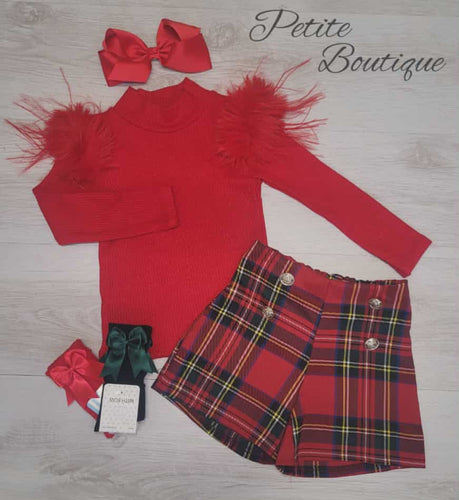 Red long sleeved top & tartan short set