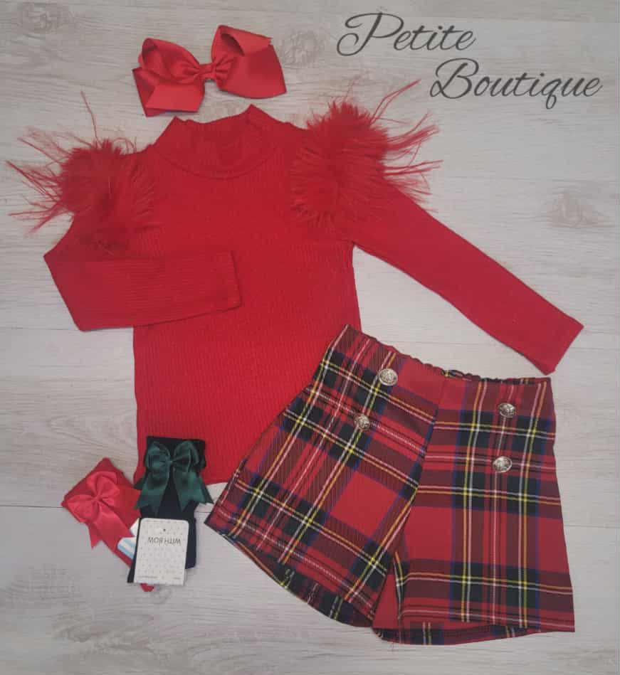 Red long sleeved top & tartan short set