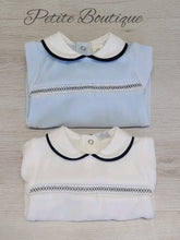 Load image into Gallery viewer, Spanish white/navy velour babygrow