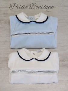 Spanish white/navy velour babygrow