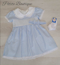 Load image into Gallery viewer, Blue/white check smock dress, pants &amp; headband set