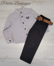Load image into Gallery viewer, Boys grey shirt &amp; black chinos set
