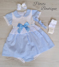 Load image into Gallery viewer, Blue/white bow smock dress, pants &amp; headband