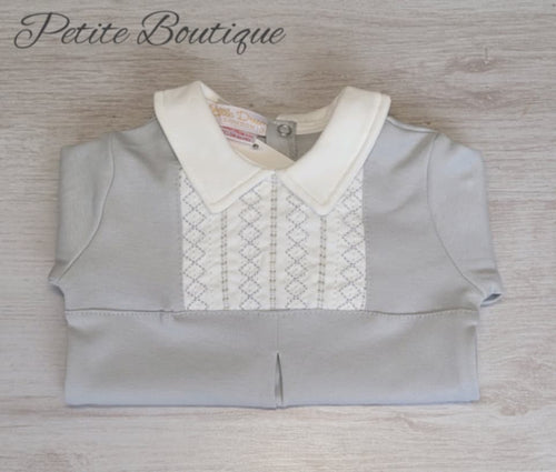 Grey/white embroidered babygrow