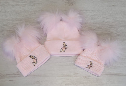Pink double faux fur pompom peter rabbit hat